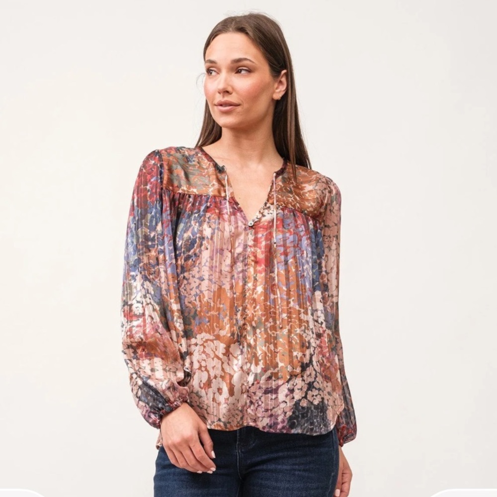 Dear John Alessia Novelty Tinsel Garden Floral Print Sheer Blouse Size Medium